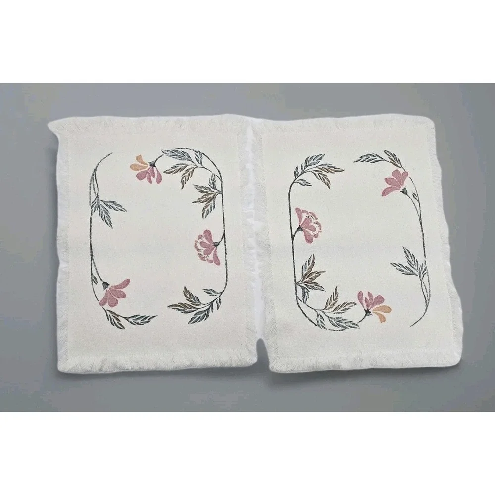 Set of 4 VTG Placemats‎ Ivory Pink Floral Vine Cloth Fringed 12